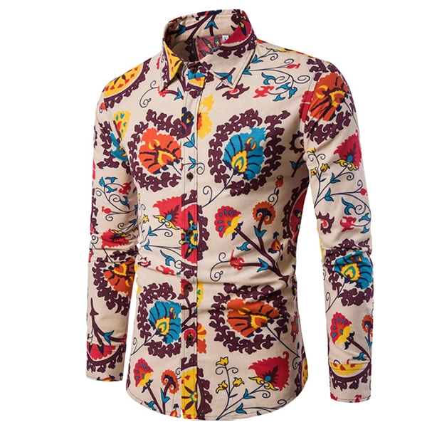 Mens National Style Travel Linen Printing Casual Shirt