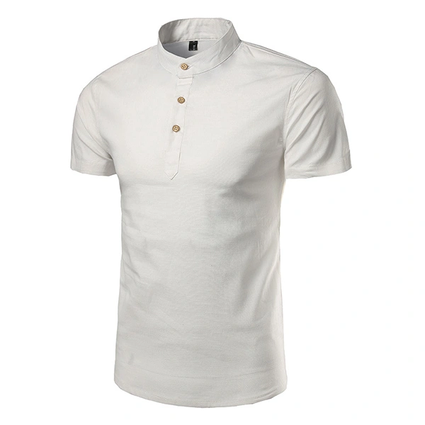 Mens Stand Collar Buttons Slim Fit Linen Short Sleeve Shirt