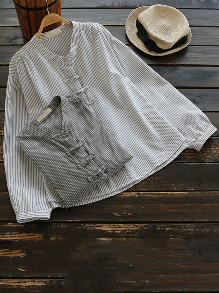 Casual Women Stripe Frog Button Shirts