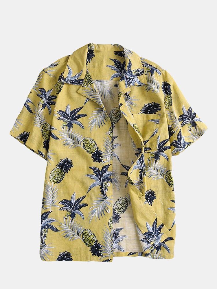 Mens Eye-Catching Breathable Loose Pineapple Beach Shirts