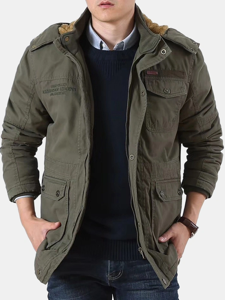 Men Winter Fleece Thickened Warm Removable Hood Parka Jacket