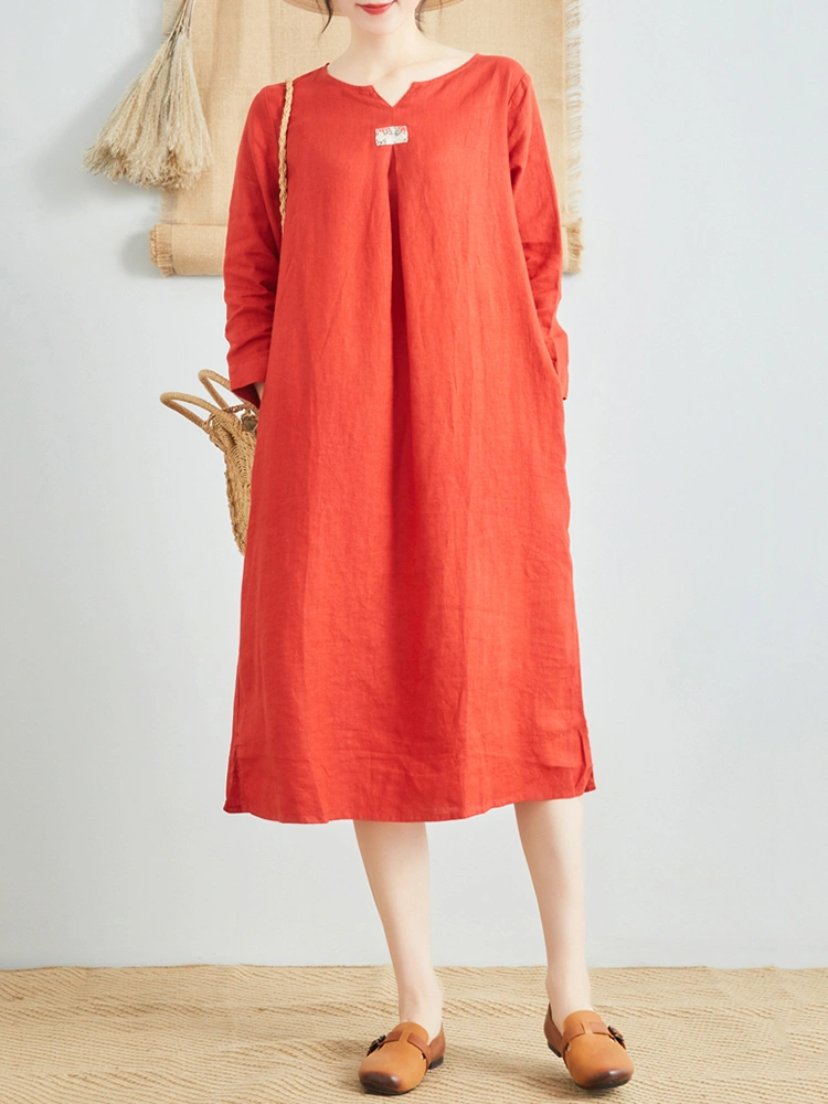 Women Pure Color Cotton Linen V-Neck Long Sleeve Dress
