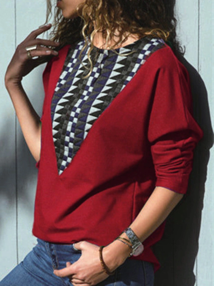 Geometric Print Patchwork Crew Neck Long Sleeve T-shirts