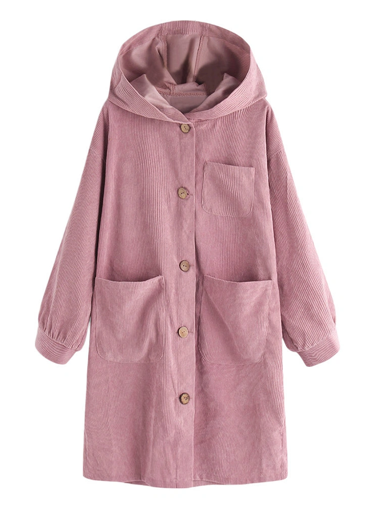 Women Long Sleeve Hooded Trench Corduroy Coats