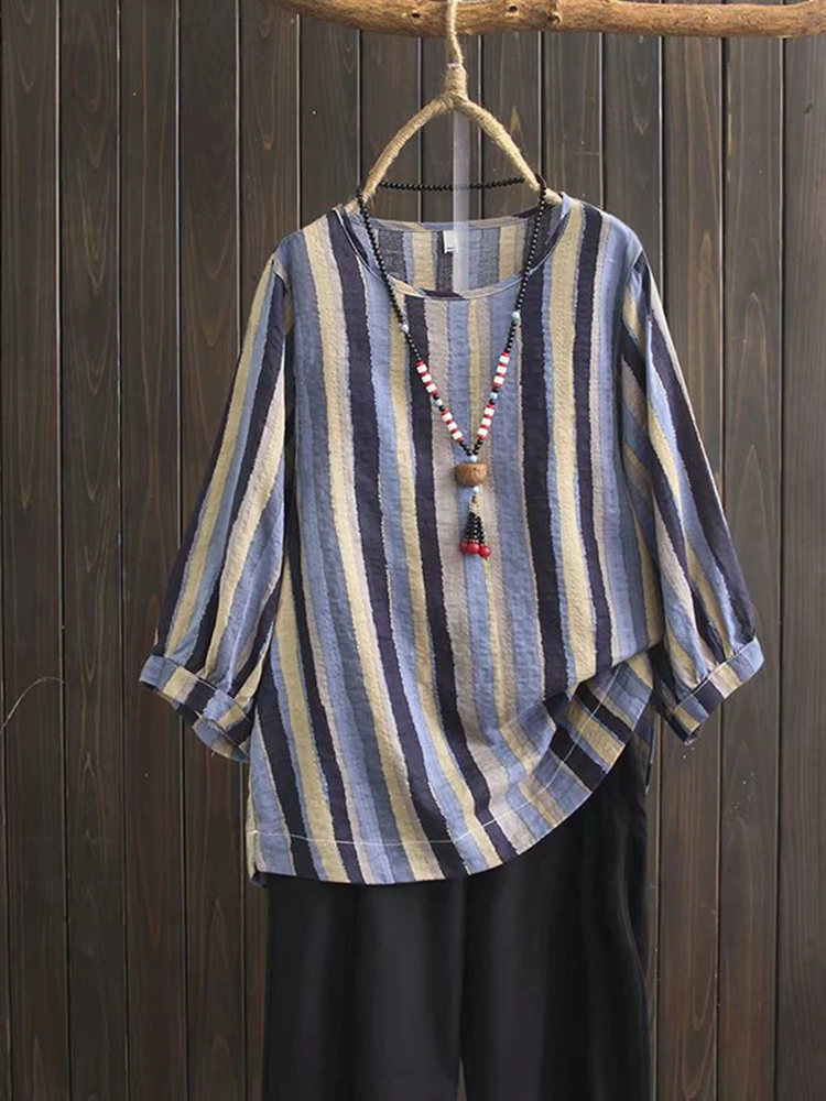 Plus Size Women Vintage Puff Sleeve Stripe Blouse