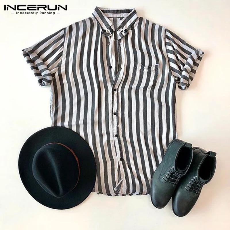 Men Vertical Stripe Turn-down Collar Short Sleeve Shirts