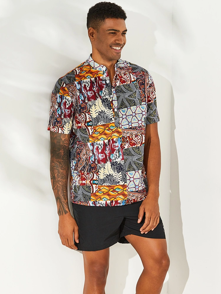 Mens Vintage Splicing Summer Loose Printing Henley Shirts