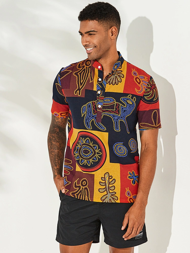 Mens Ethnic Colorful Printing 100% Cotton Shirts
