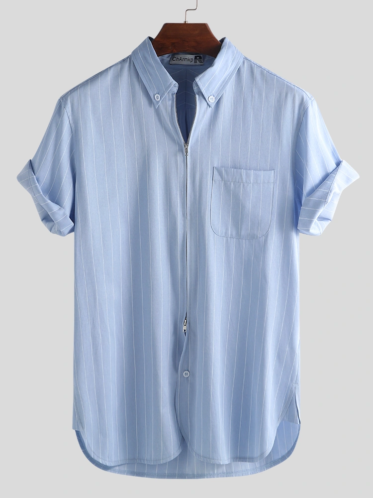 Men Stripe Zipper Single Pocket Short Sleeve Shirts