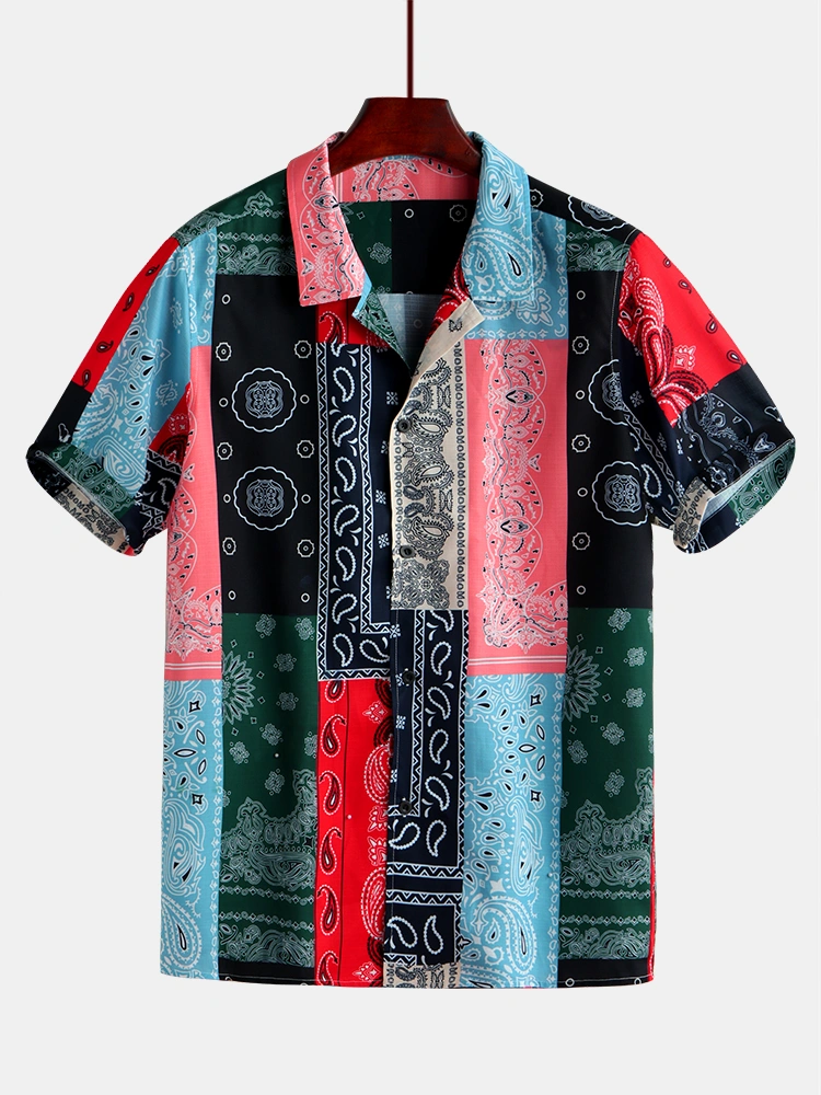 Men Colorful Bandana Print Short Sleeve Revere Shirts