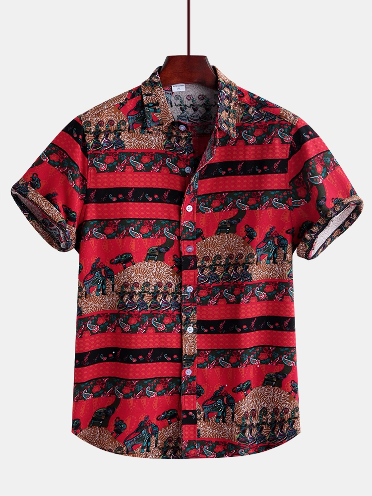 Mens Pattern Printing Short Sleeve Linen Shirts