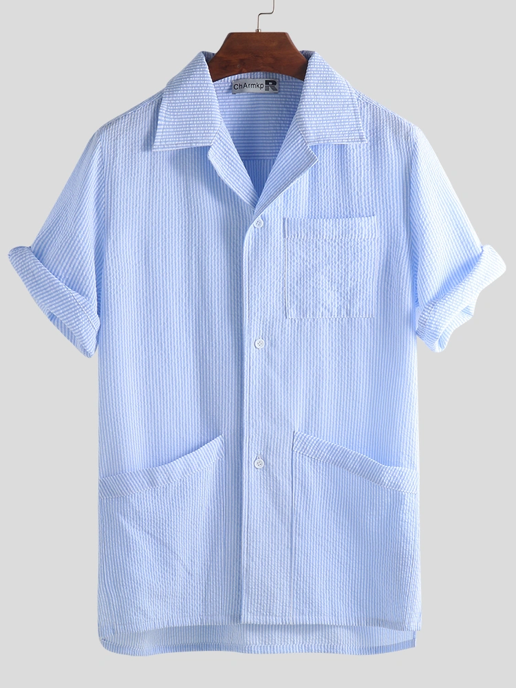 Mens Summer Three Practical Pockets Stripe Loose Shirts