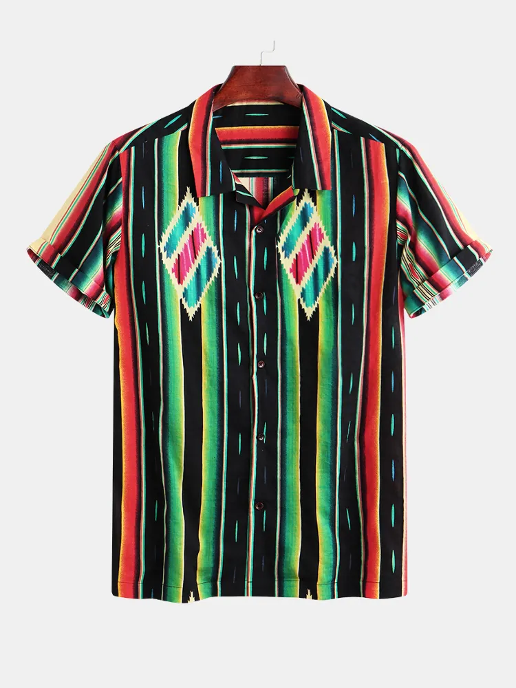 Mens Fashion Colorful Patches Design Loose Striped Shirts