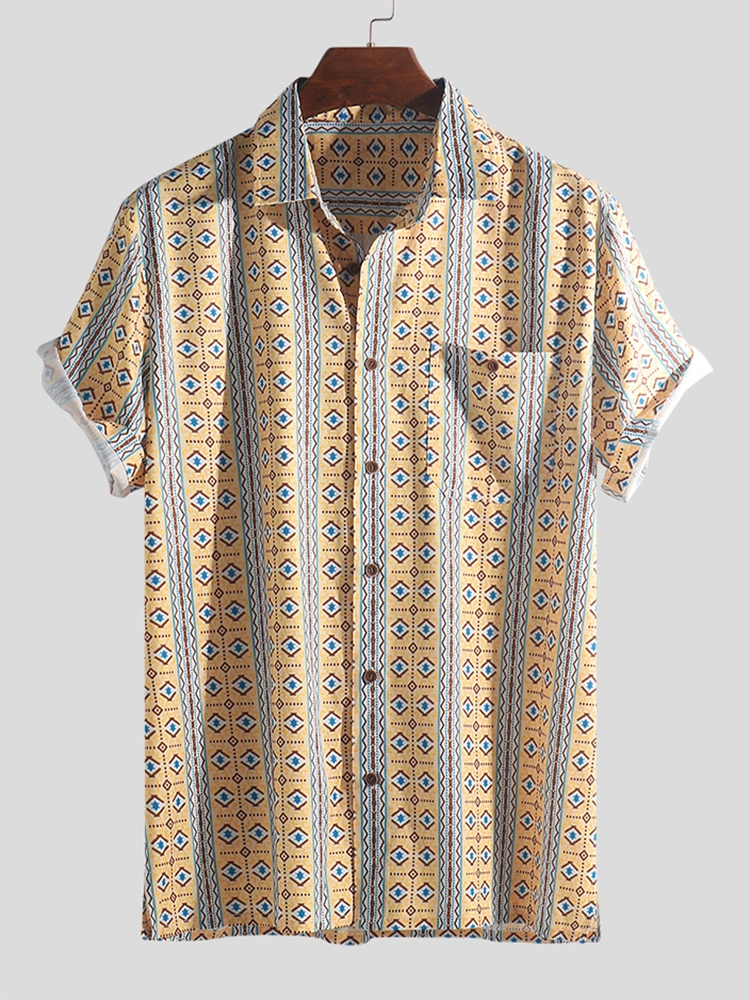 Men Ethnic Pattern Print Vintage Chest Pocket Holiday Shirts