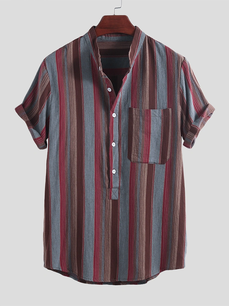 Mens 100% Cotton Practical Pocket Stripe Casual Shirts