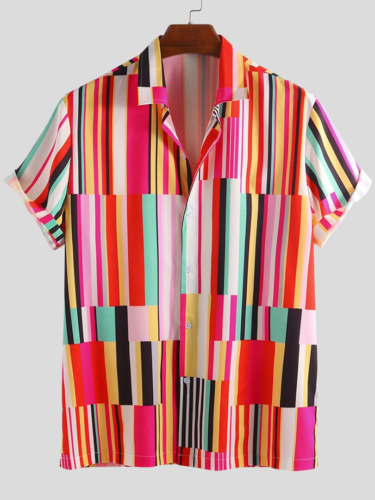 Men Colorful Striped Vision Short Sleeve Relaxed Shirts