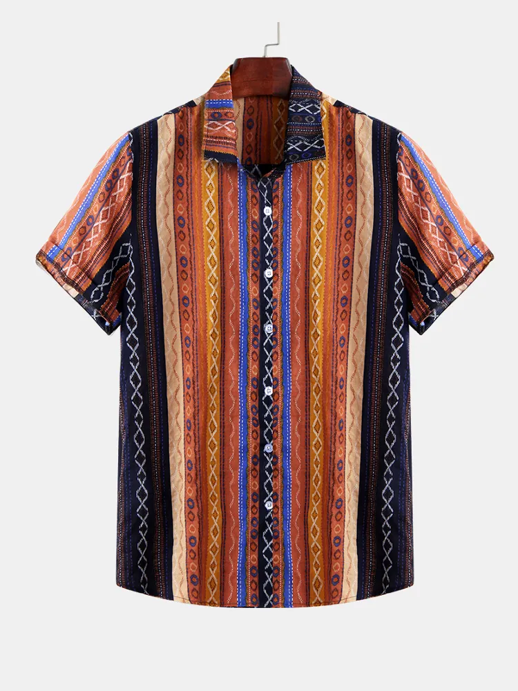 Multi Color Ethnic Stripe Print Relaxed Hawaiian Shirts