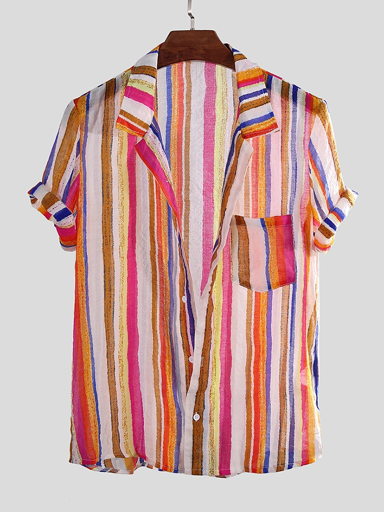 Mens Colorful Striped Printed Summer Loose Lightweight Shirt