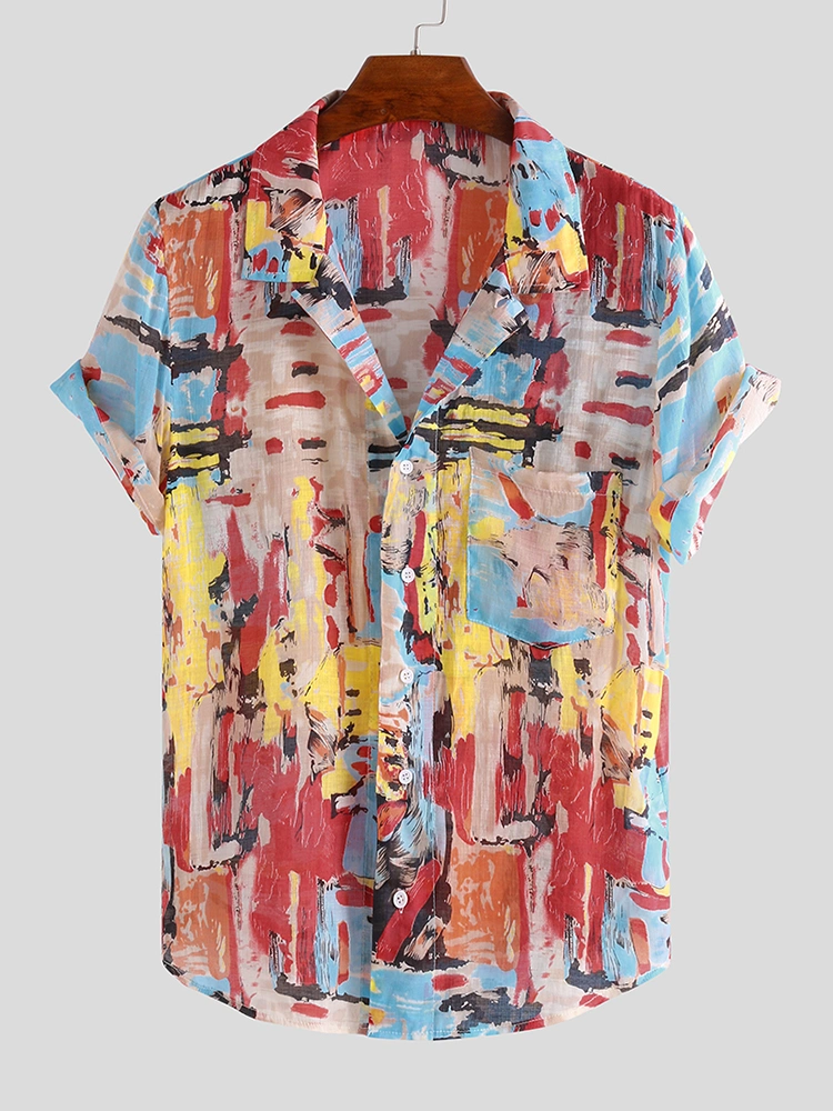 Mens Summer Multi Color Printing Practical Pocket Shirts