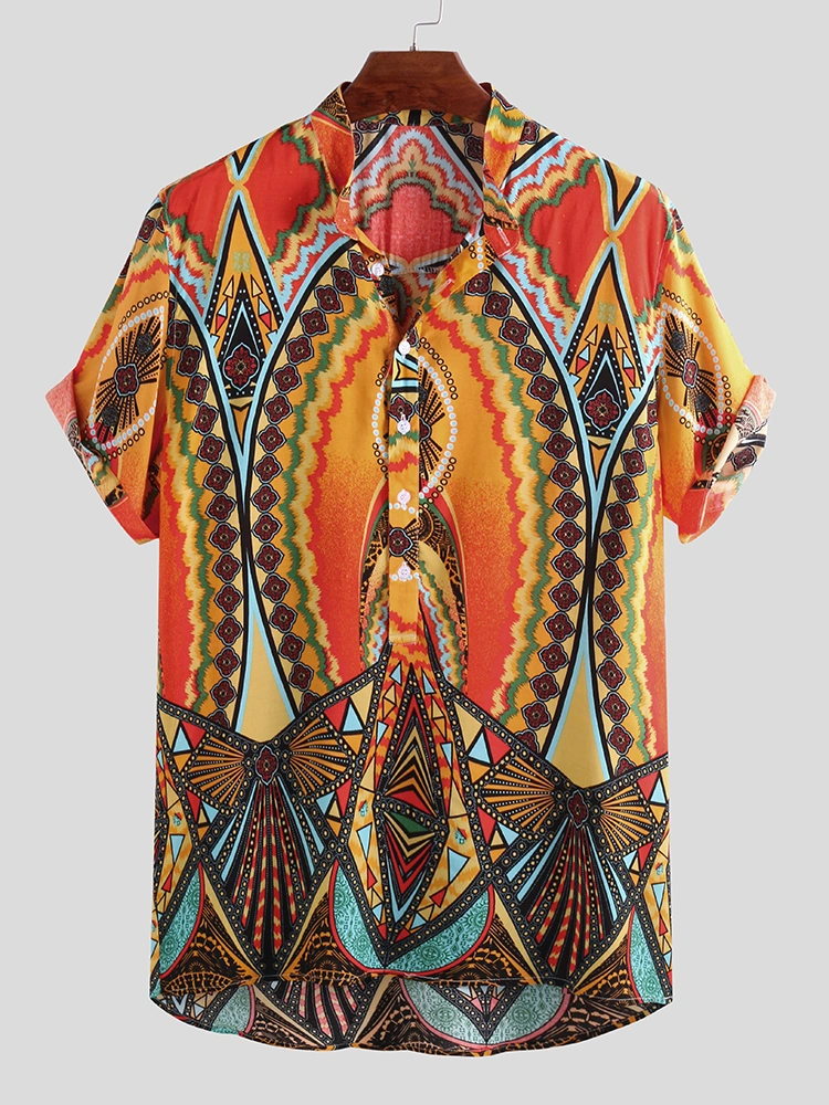 Mens Summer Stand Collar Ethnic Printed Casual Henley Shirts