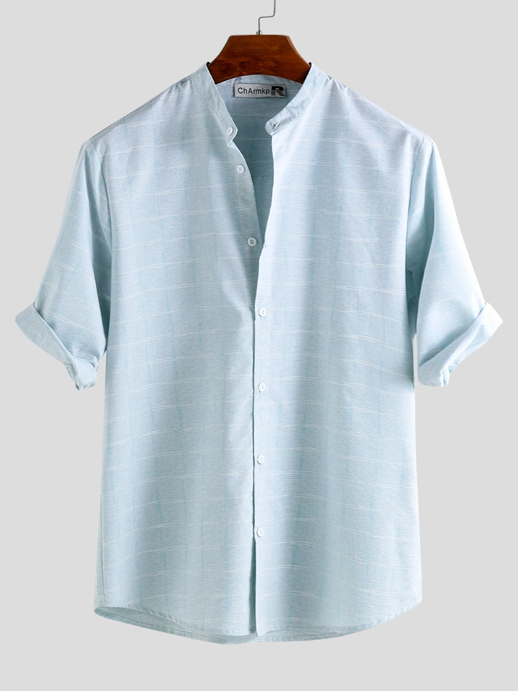 Mens Dark Plaid Stand Collar Half Sleeve Casual Shirts