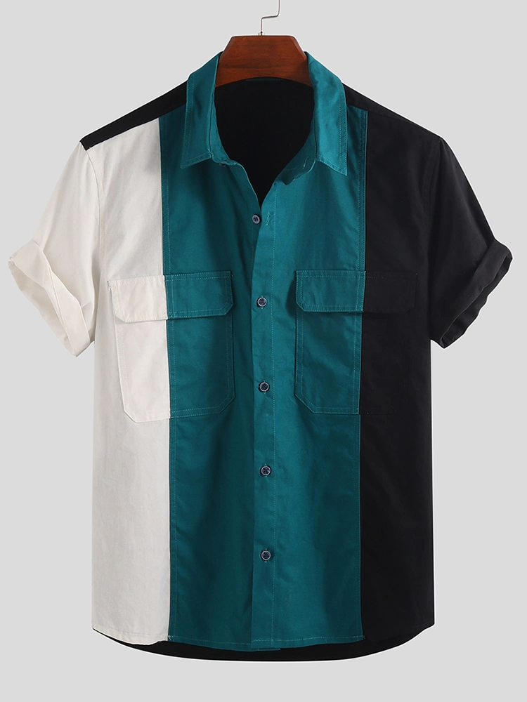 Men Color Block Dual Pockets Short Sleeve Cargo Shirts