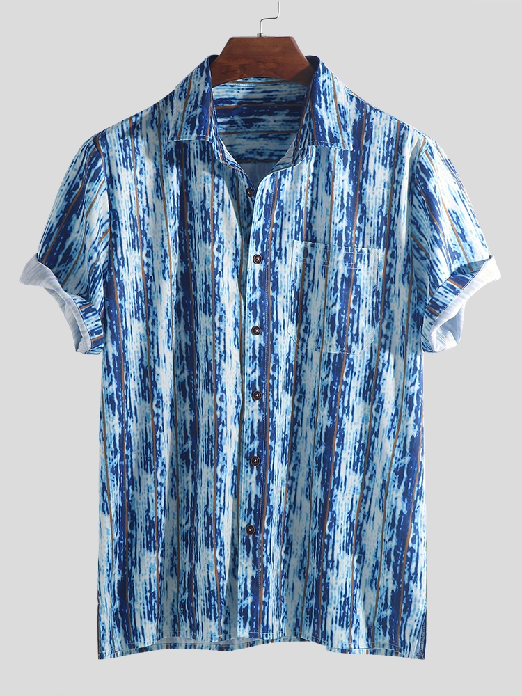 Men Seersucker Stripe Print Short Sleeve Hawaiian Shirts