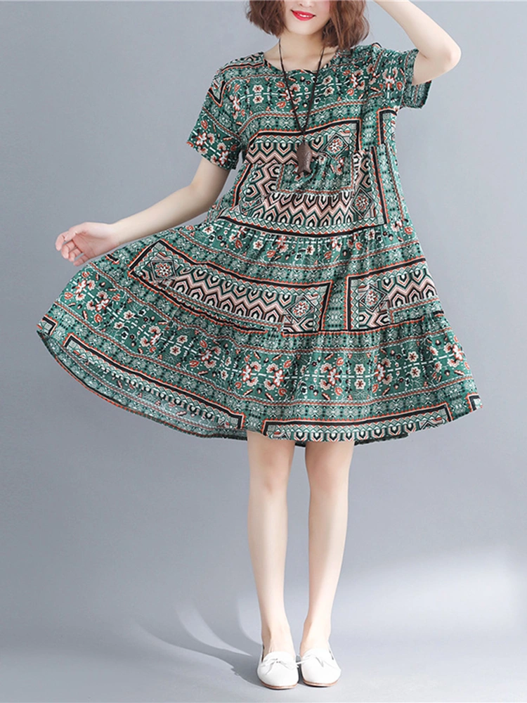 Women Bohemian Casual Loose Short Sleeve O-Neck Dress