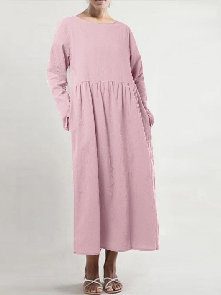 Women Cotton Crew Neck Long Sleeve Solid Casual Dress