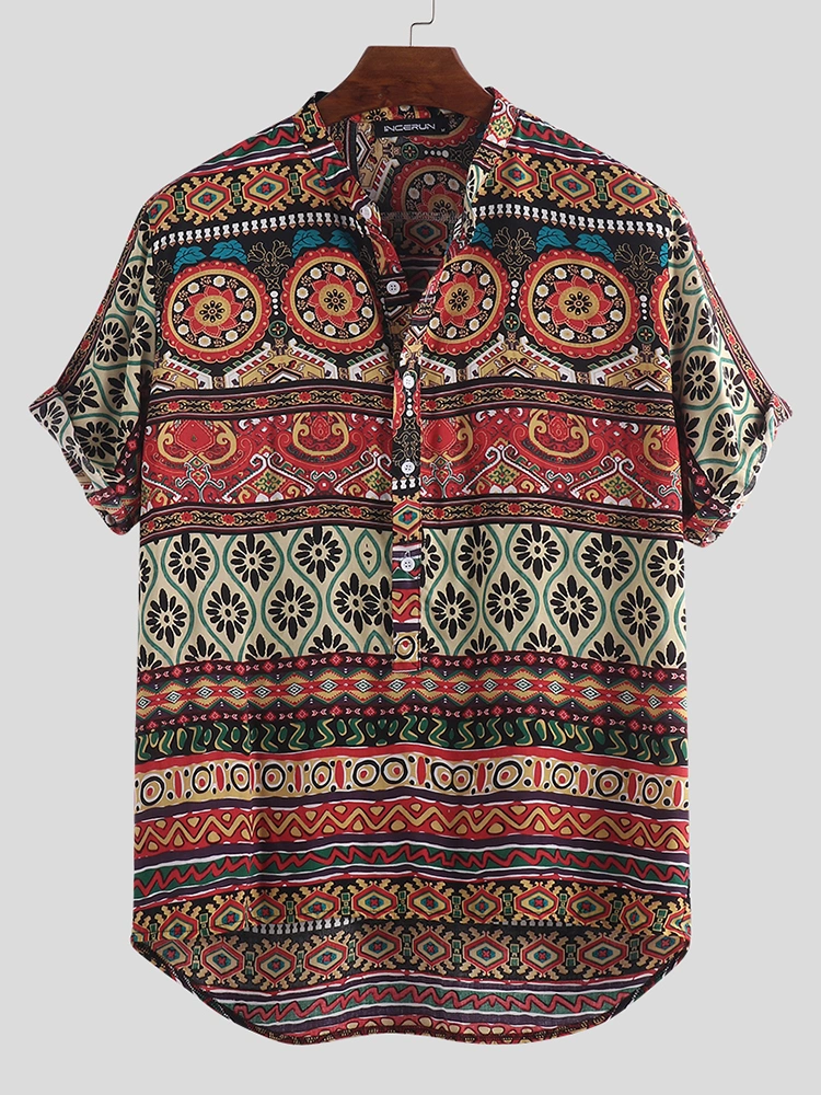 Mens Ethnic Colorful Printed Casual Henley Shirts
