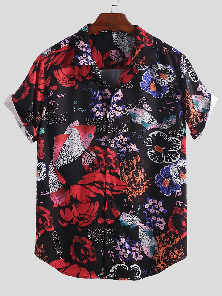 Men Animal Floral Print Short Sleeve Relaxed Revere Shirts