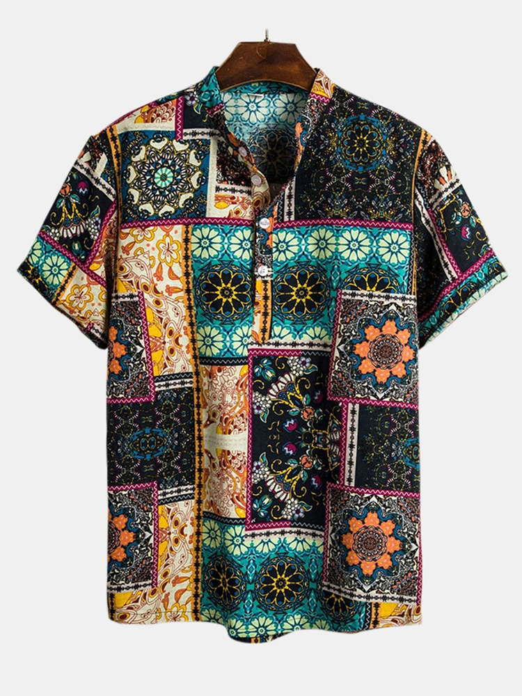 Mens Summer Vacation Casual Fashion Printing Henley Shirts
