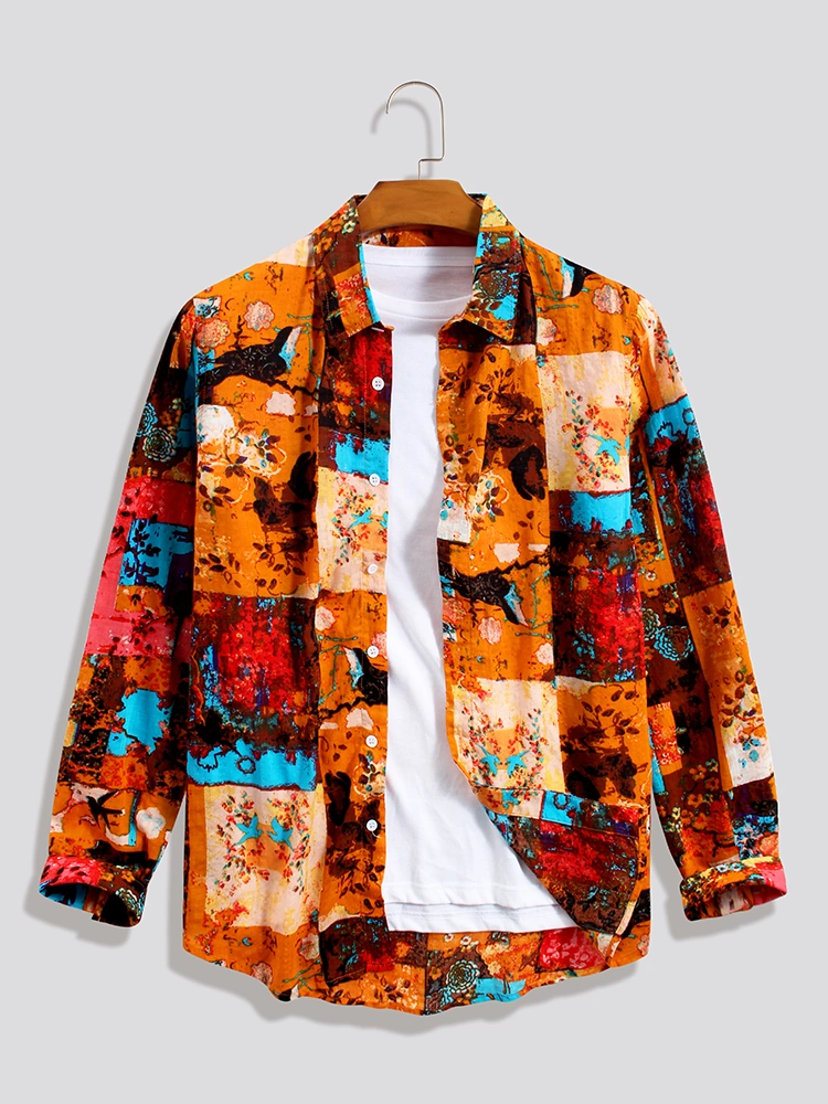 Men Multi-color Graffiti Ethnic Style Lapel Long Sleeve