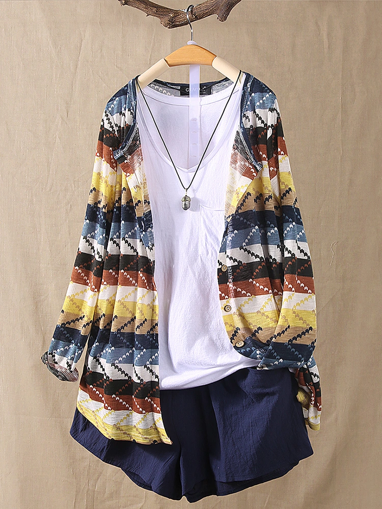 Women Color Patchwork Striped Knitting Long Sleeve Cardigans