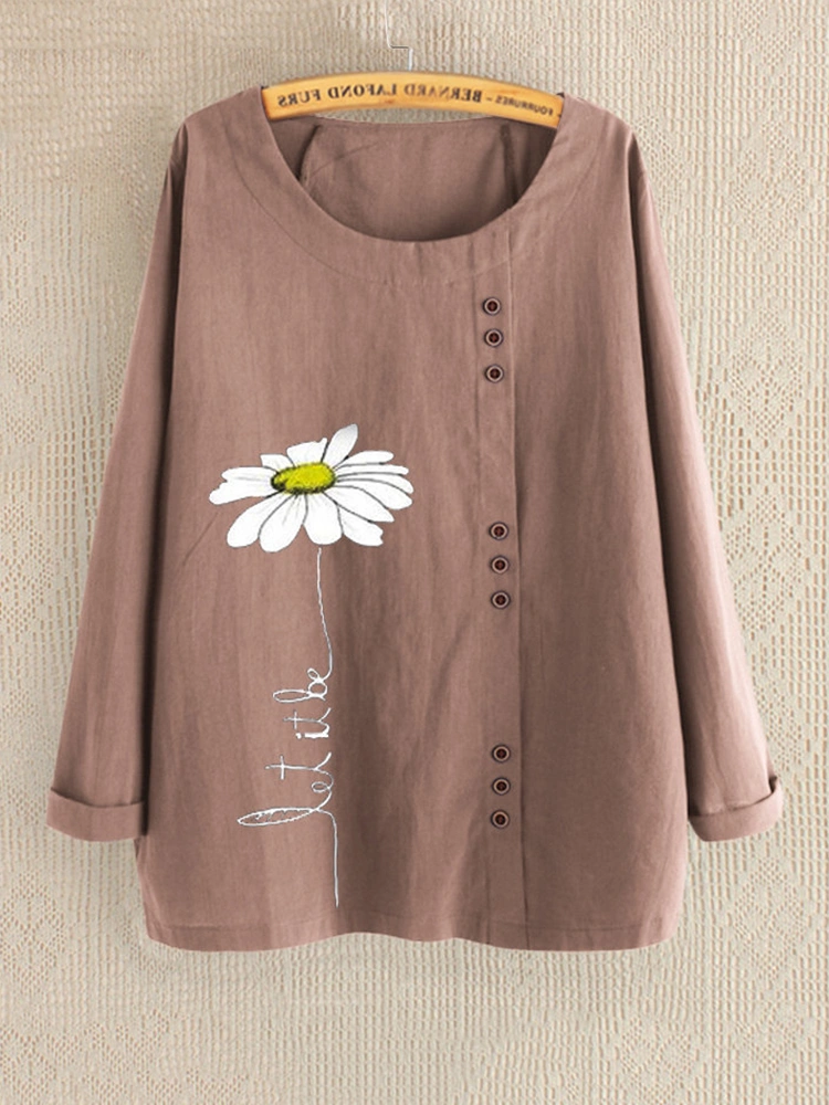 Crew Neck Flower Print Button Long Sleeve Blouse