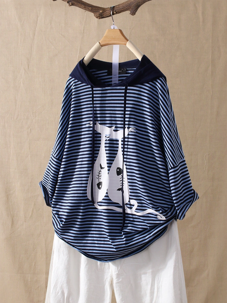 Plus Size Cartoon Cat Print Stripe Women Hooded Sweatshirt