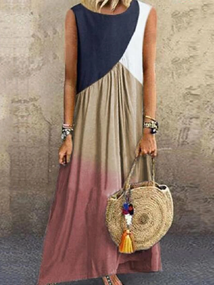 Women Sleeveless Color Splice Casual Maxi Dress