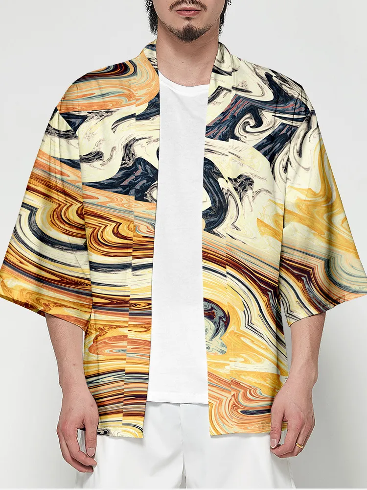 Men Printed Casual Loose Collarless Open Up Shirts
