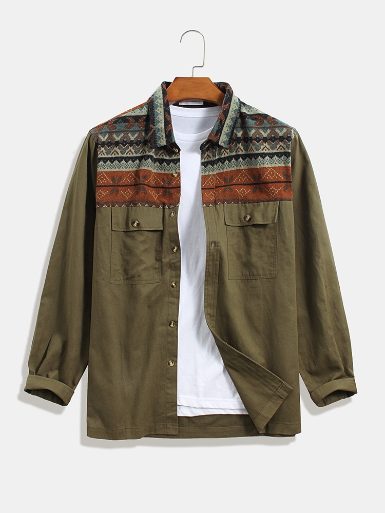 Men 100% Cotton Ethnic Pattern Patchwork Dual Pockets Shirts