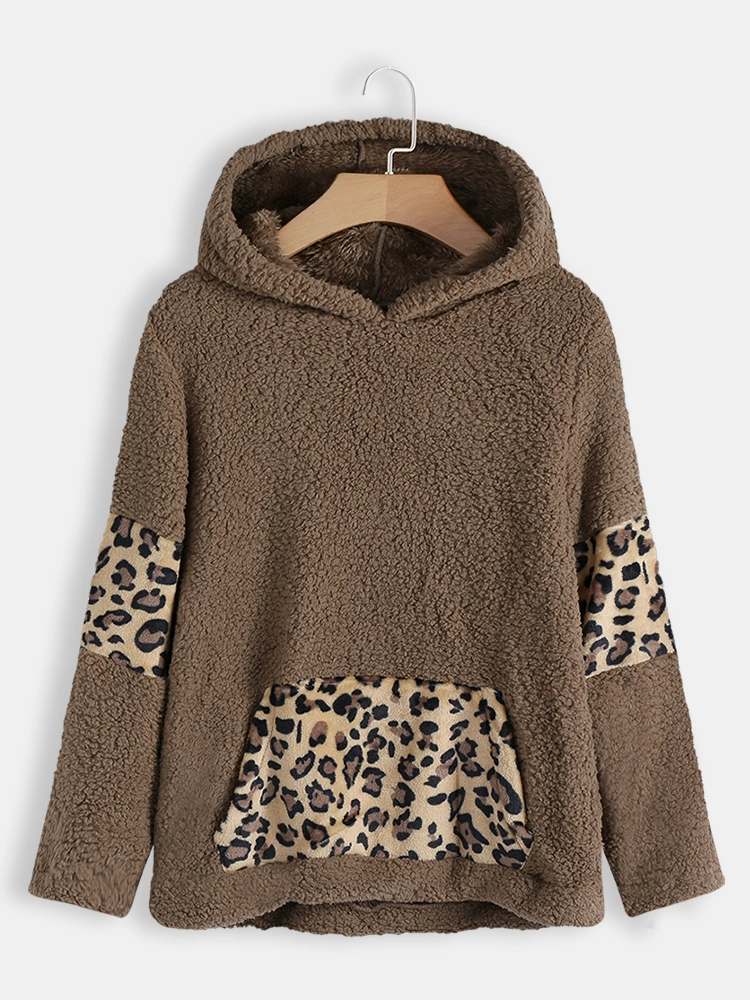 Women Fleece Leopard Patchwork Pocket Hooded Sweatshirt