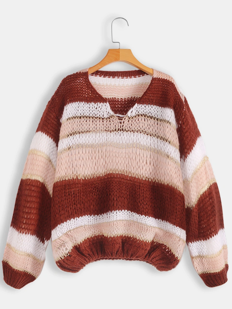 Women Casual Striped V-neck Sweaters