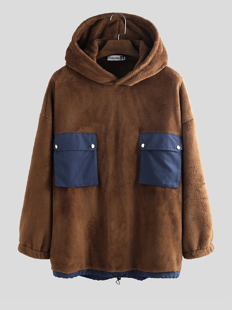 Mens Vintage Woolen Patchwork Double Pockets Hoodies