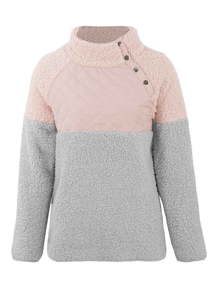 Women Casual Fleece Button High Collar Patchwork Sweatshirt