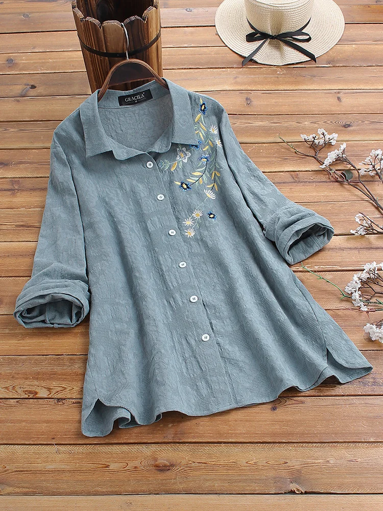 Flower Embroidery Irregular Hem Cotton Shirts Casual Blouse