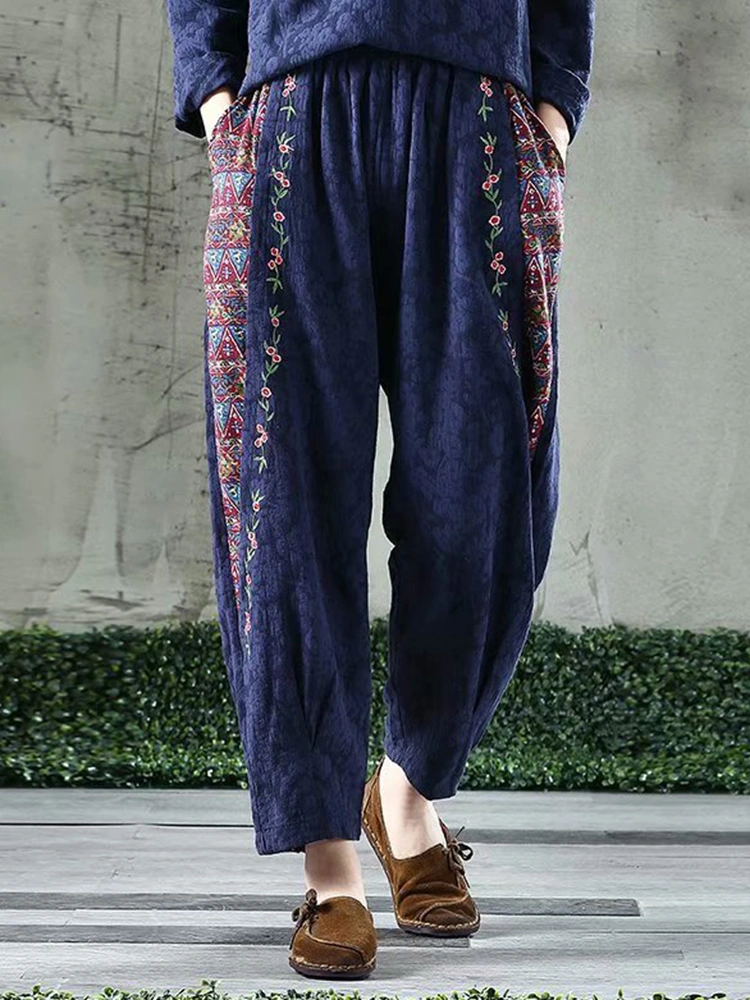 Ethnic Style Jacquard Embroidery Elastic Waist Vintage Pants