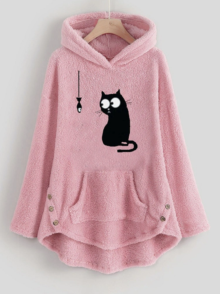Women Cartoon Cat Side Button Hooded Fleece Sweatshirt