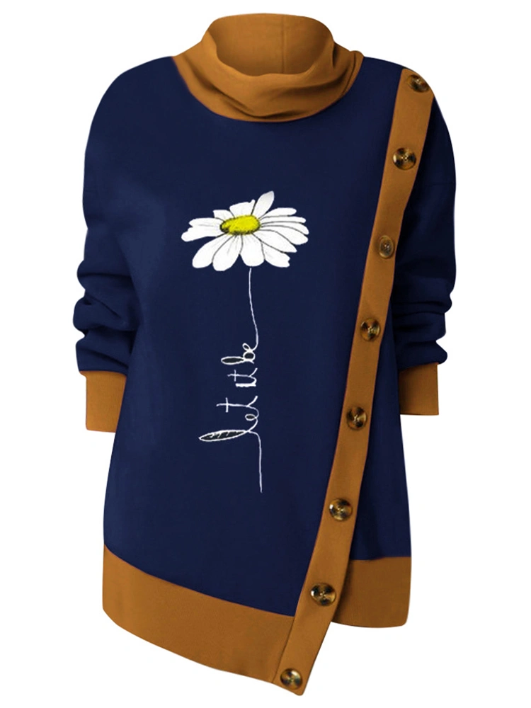 Flower Print  Irregular Hem Turtleneck Patchwork Sweatshirt