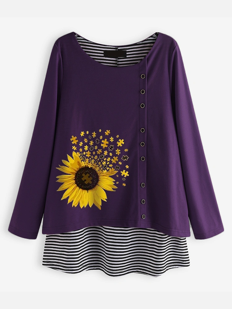 Women Casual Stripe Flower Print Long Sleeve Blouse