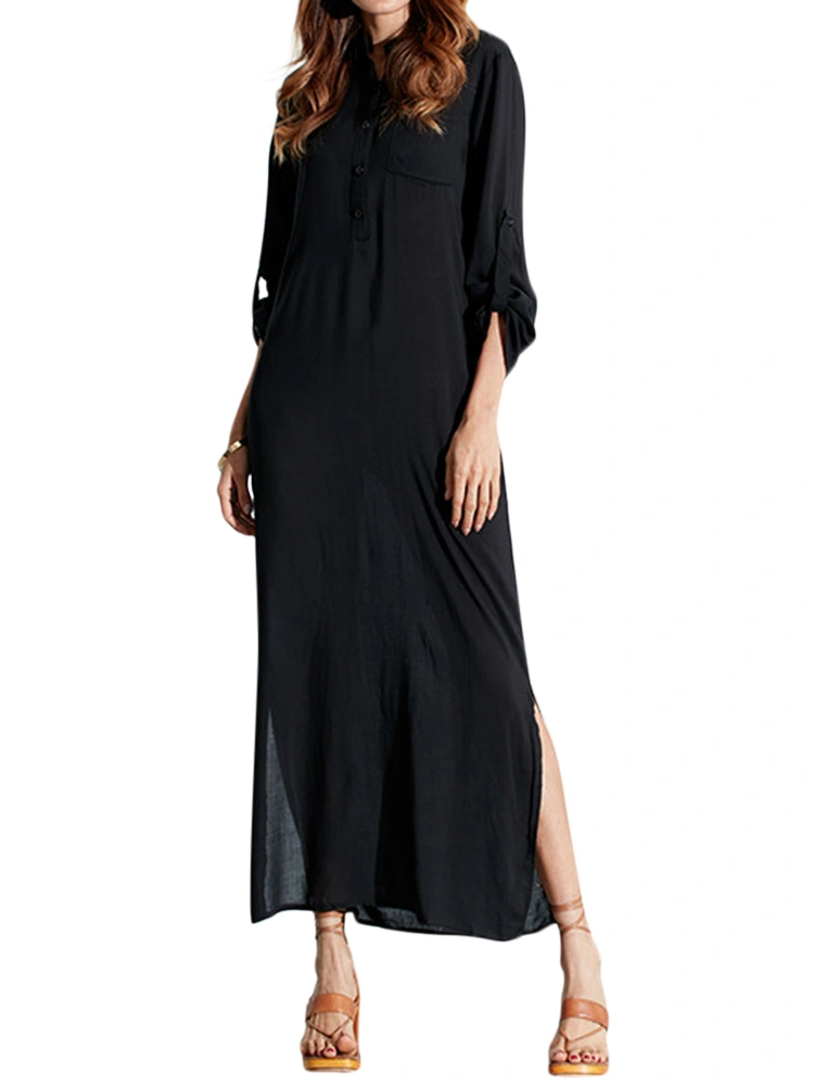 Casual Pure Color Long Sleeve Women Maxi Dress