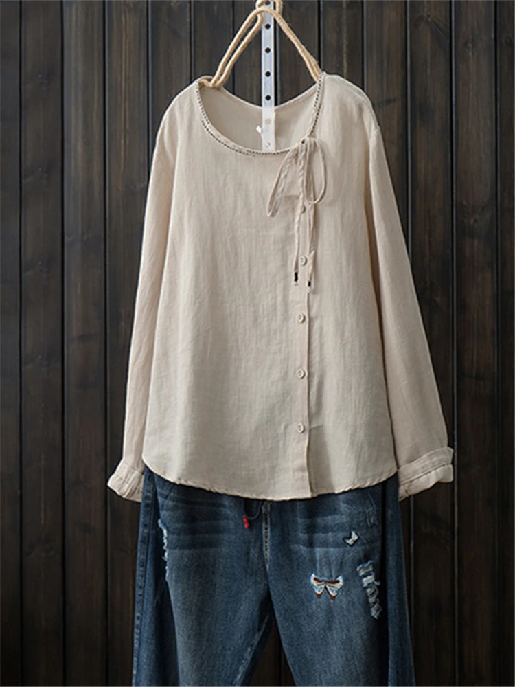 Women Button Crewneck Cotton Vintage Blouse